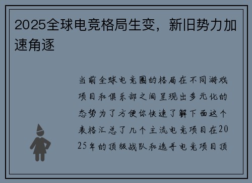 2025全球电竞格局生变，新旧势力加速角逐
