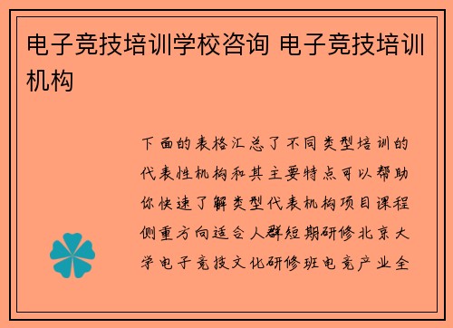 电子竞技培训学校咨询 电子竞技培训机构